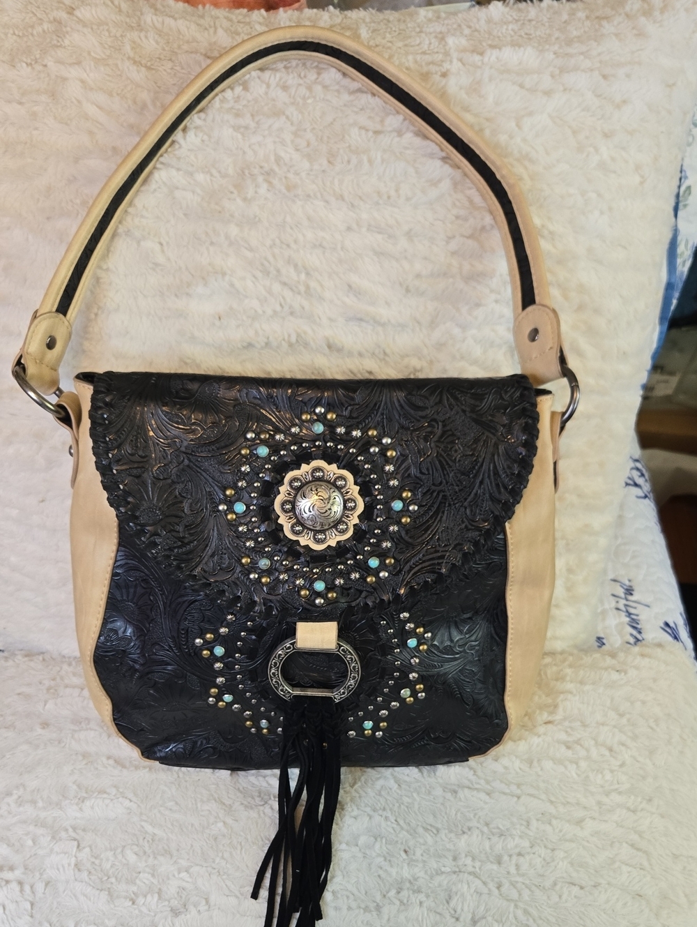 Montana West Black and Beige Floral Embossed Shoulder Bag with Concho Accent